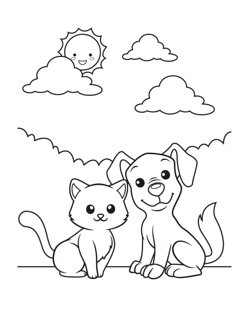 kat en hond kleurplaat tekenen